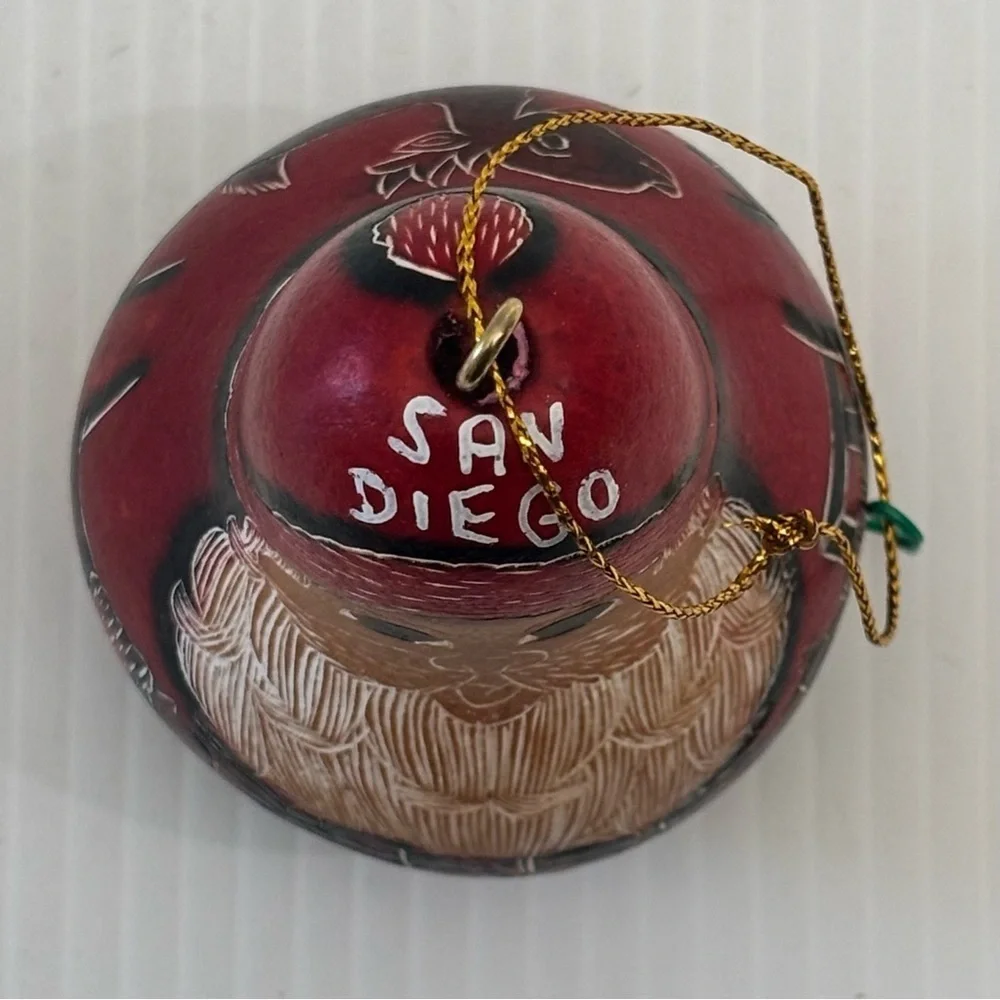 Santa Clause Folk Art Gourd Christmas Ornament  Hand Carved Painted Peruvian